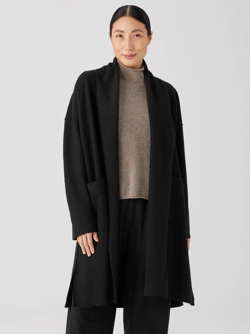 Eileen Fisher Black Boiled Wool Minimalist Classic Chic Long Cardigan Sweater